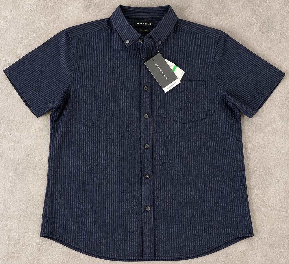 Perry Ellis Men’s Navy Textured Short Sleeve Button Down Shirt NWT Large